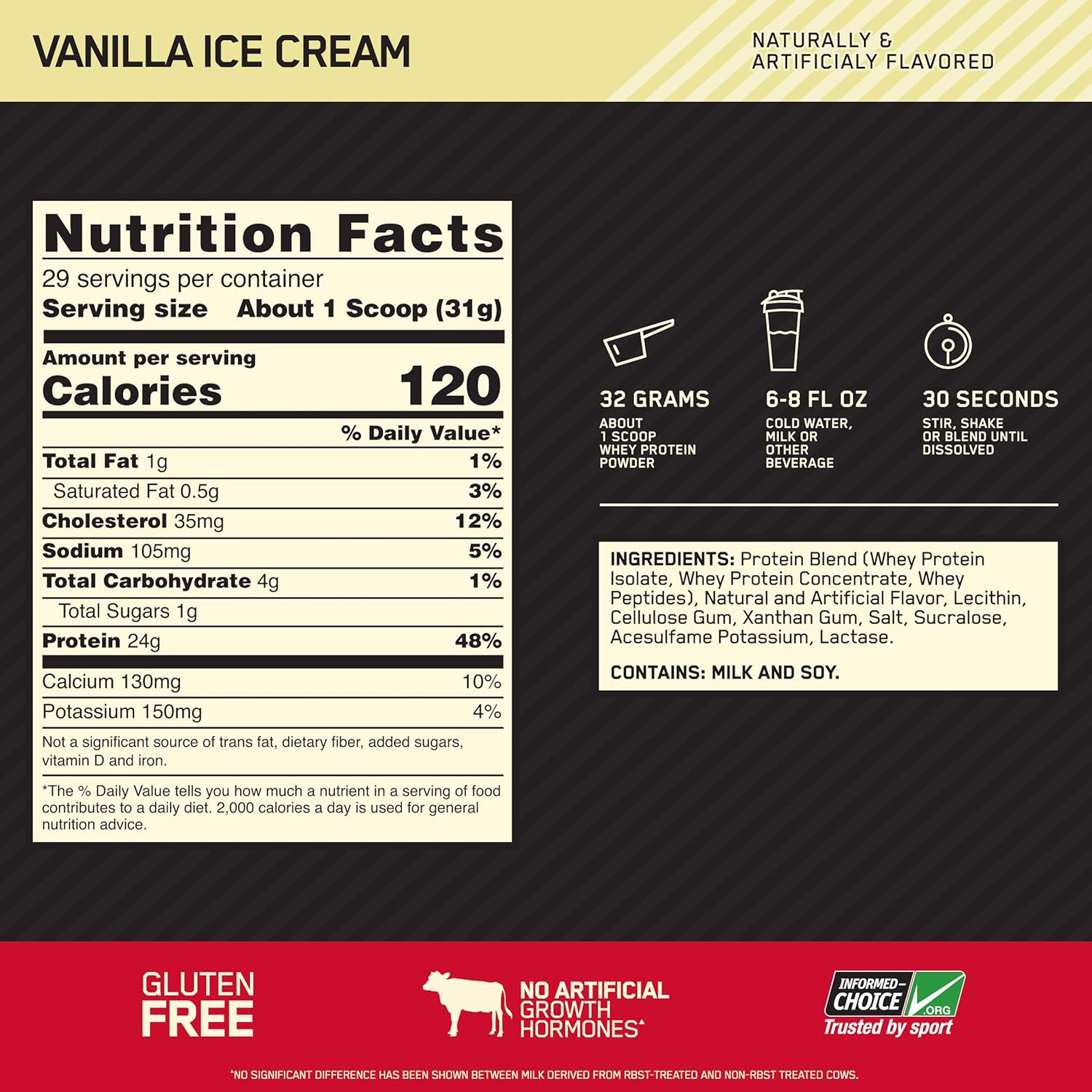 Optimum Nutrition Gold Standard 100% Whey Protein Powder, Vanilla Ice Cream, 2 Pound (Packaging May Vary): Health & Personal Care