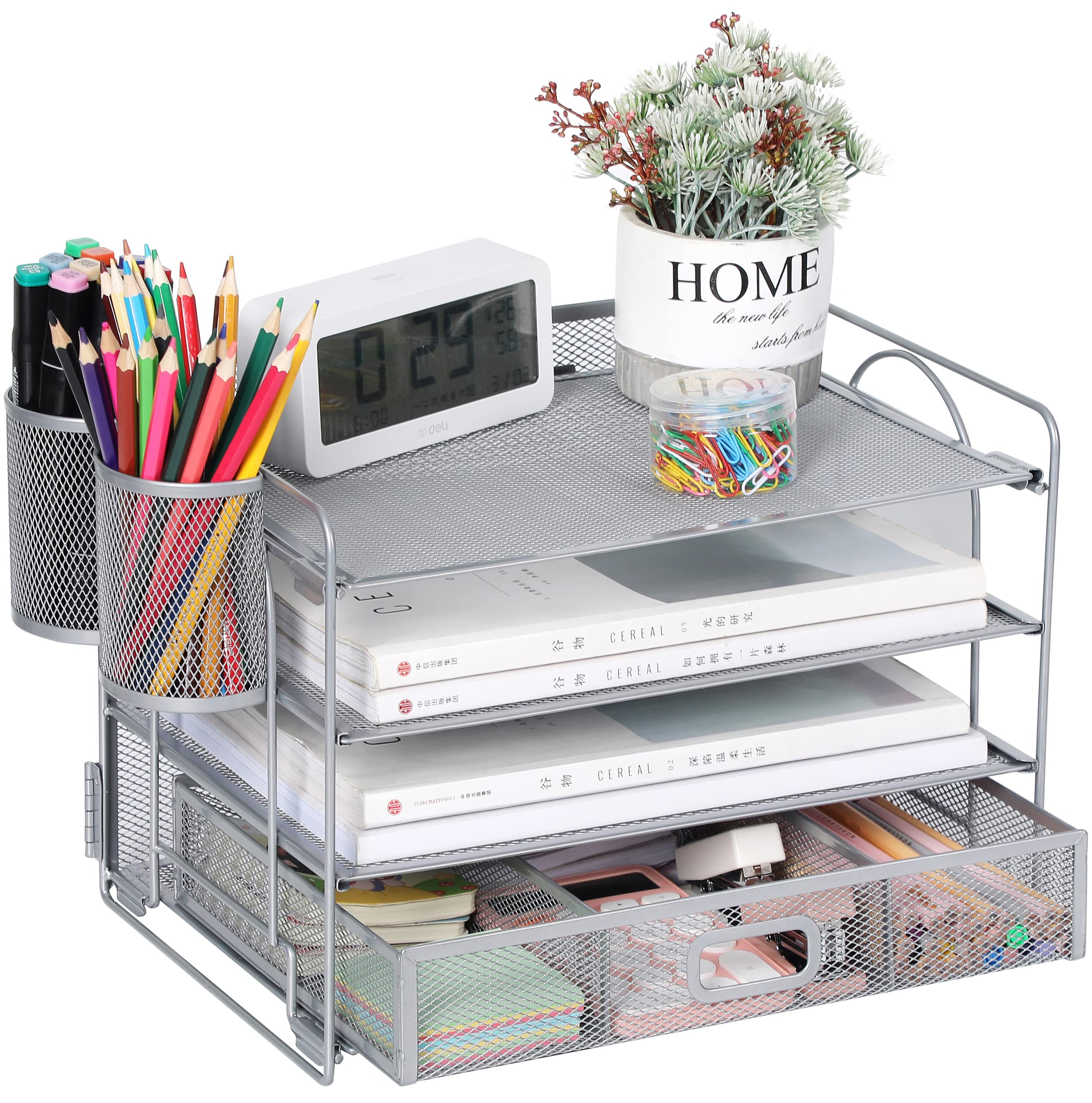 Vikmyer 4-Trays Desktop File Organizer, Mesh Office Desk Supplies Organizer Document Letter Tray Holder with Drawer for Office Home(2 Pen Holder)
