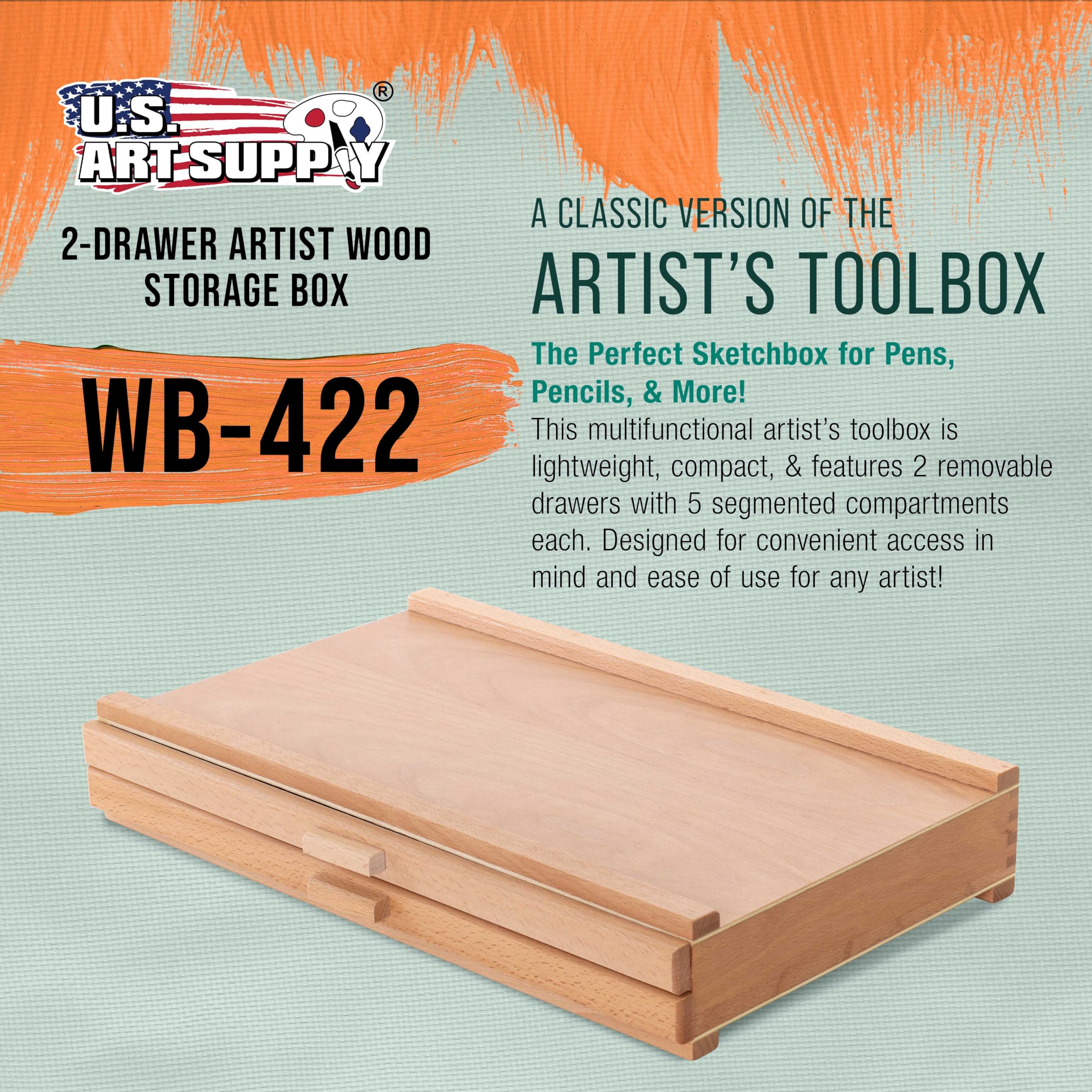 U.S. Art Supply 2-Drawer Artist Tool Supply Box with 5 Compartments per Drawer - Hardwood Art Box for Artist Supplies, Brushes, Pencils, Erasers, Tool Storage Organizer Case
