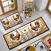 SHUNLCD Rooster Kitchen Decor Rug 2 Piece Set, Country Farmhouse Style Sunflower Kitchen Floor Mat, Chicken Absorbent and Washable Runner Decorations Rug 17×30+17×47 Inches