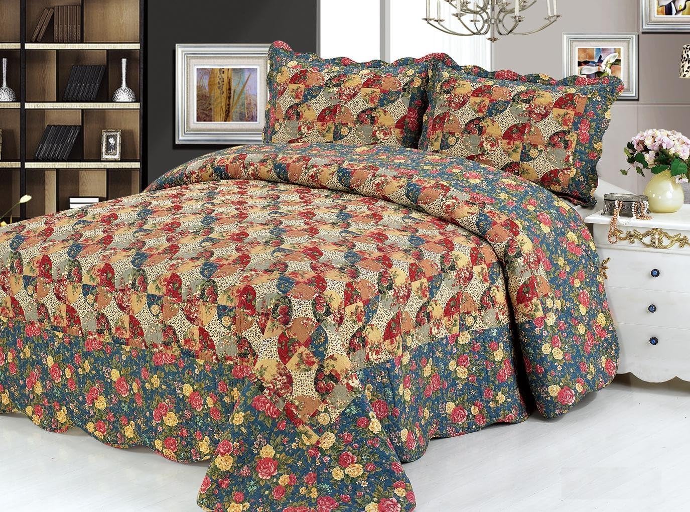 Antique Colonial 3piece Quilt Bedspread Bed Cover Coverlet