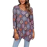 ENMAIN Tunic Tops for Women 3/4 Sleeve Plus Size Women's Tunics Loose Fit Floral Swing Flare Ladies Blouse for Leggings