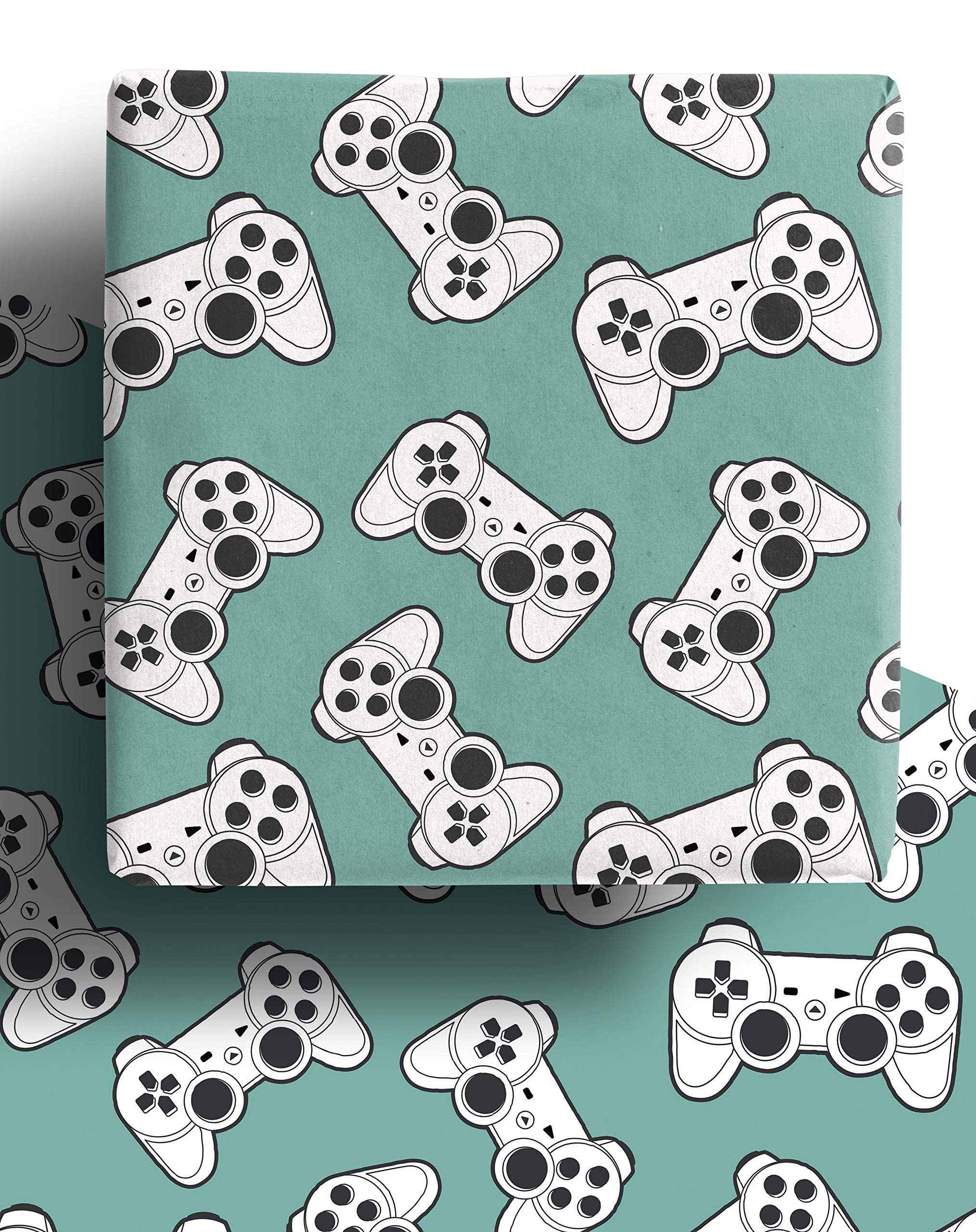 4 x Computer Gaming Wrapping Paper Sheets - Premium Recyclable Green Video Game Controller Gift Wrap for Christmas Birthday Girls Boys Wrapping Paper | Made in the UK