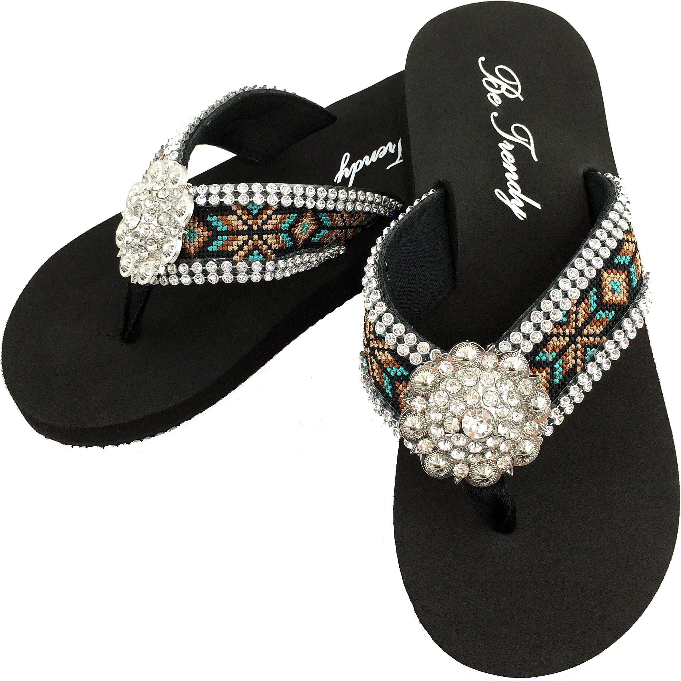 Western Peak Women's Aztec Design Full Rhinestones Round Concho Black Brown Turquoise Flip Flop Sandals