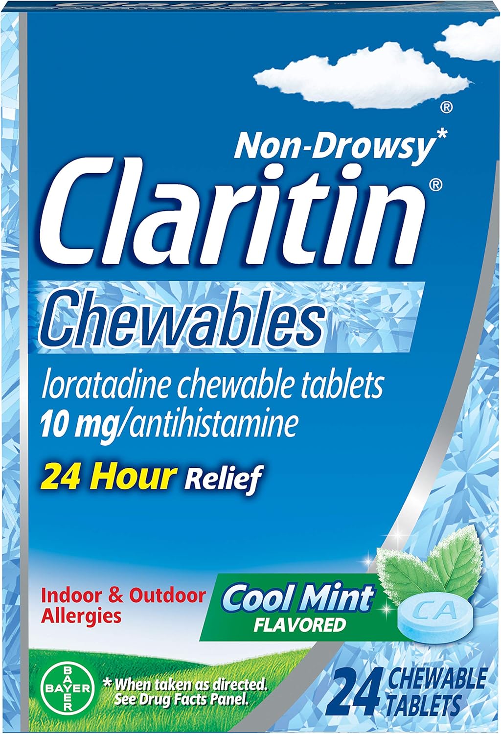 Claritin 24 Hour Chewable Allergy Relief, Non-Drowsy Allergy Medicine, Loratadine Antihistamine, Cool Mint Flavored Tablets, 64 Count: Health & Personal Care