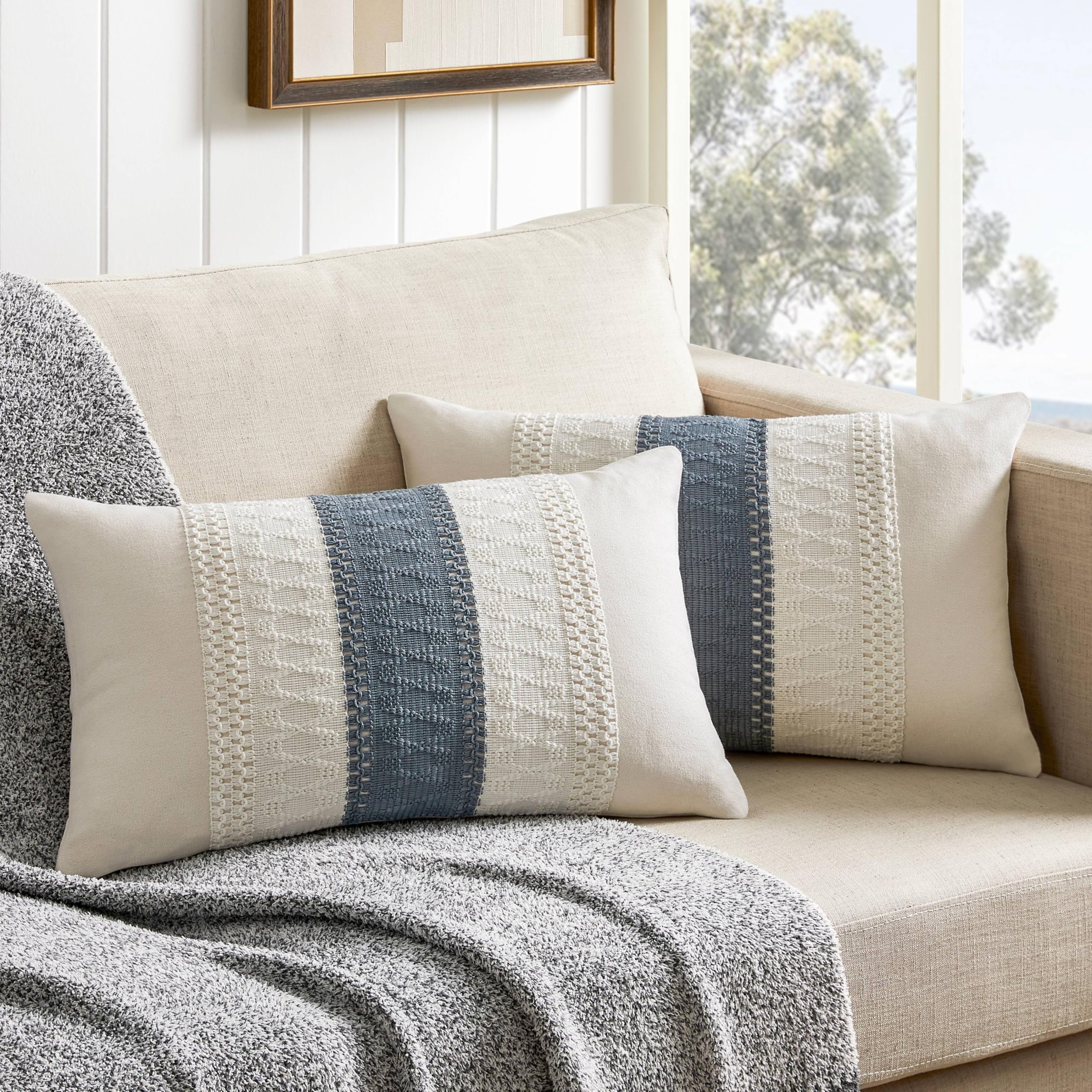 Photo 1 of ZeeMart 2 Packs Cotton Boho Lumbar Throw Pillow Covers 12x20 Inch Contrast Navy, Soft Farmhouse Decorative Couch Pillow