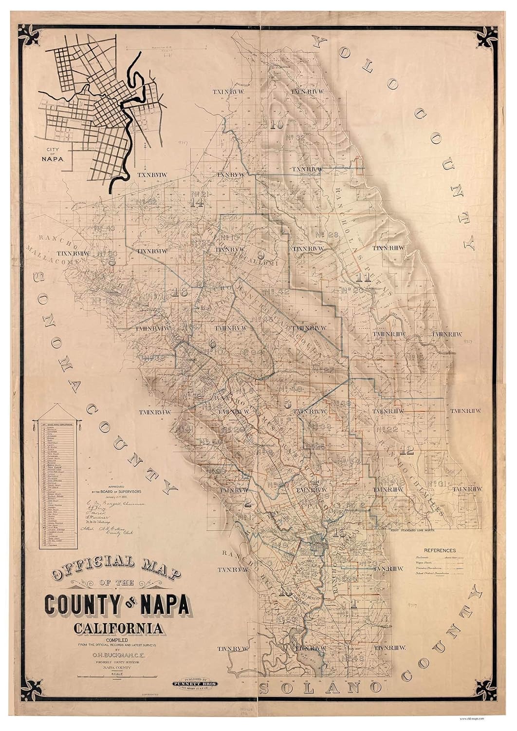 Napa County California 1895 Wall Map with Landowner Names