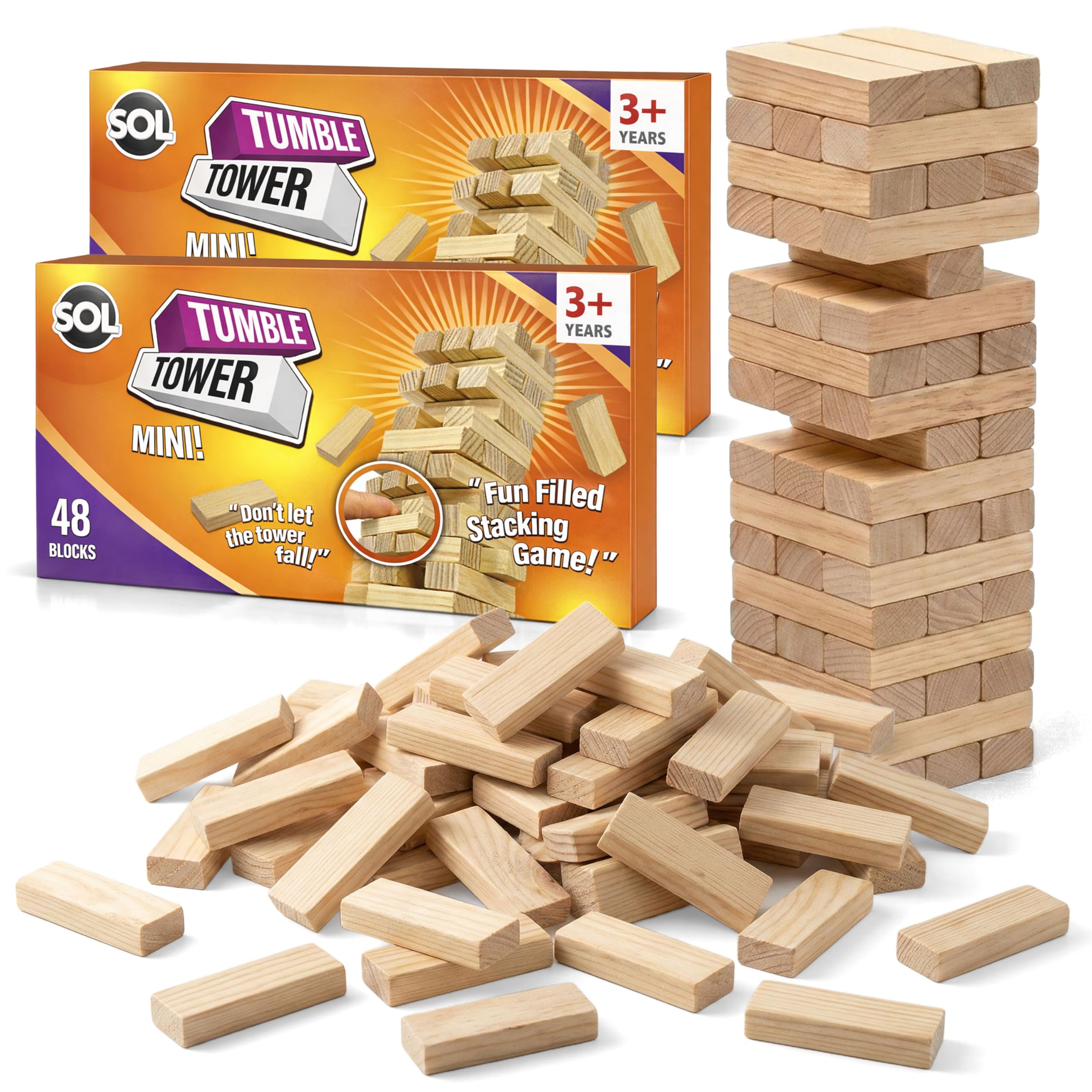 SOL [2 Pack] Mini Tumble Tower, Wooden Stacking Tumbling Blocks, Balancing Game for Kids and Adults, Travel Size Classic Table Entertainment, Combined for a Bigger Tower!