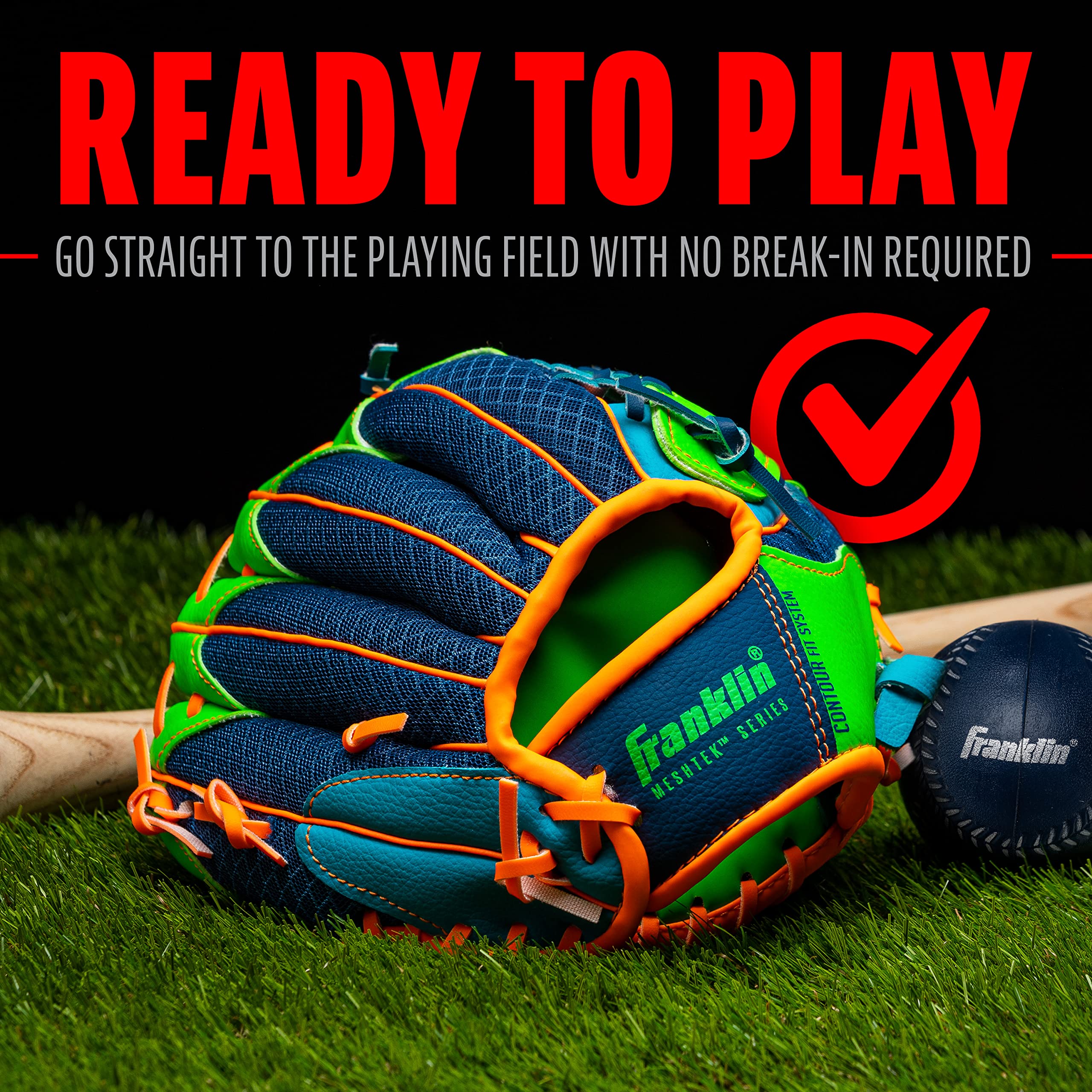 Franklin Sports Baseball Gloves - Meshtek Child's Tball Glove + Ball - Boys + Girls Teeball Mitt Set - Kids + Toddler Right Hand Throw - 9.5" - Navy/Lime/Orange