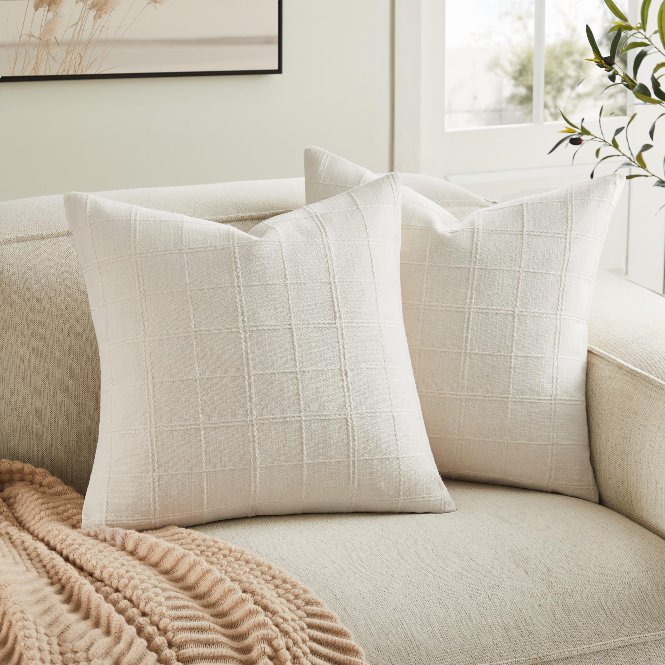 Photo 1 of ZeeMart Linen Checked Throw Pillow Covers Set of 2, 16x16 Inch Ivory/Cream, Farmhouse Decorative Single Sided Grid Embroidered Couch Pillow Cases Off White Cotton Linen Cushion Covers