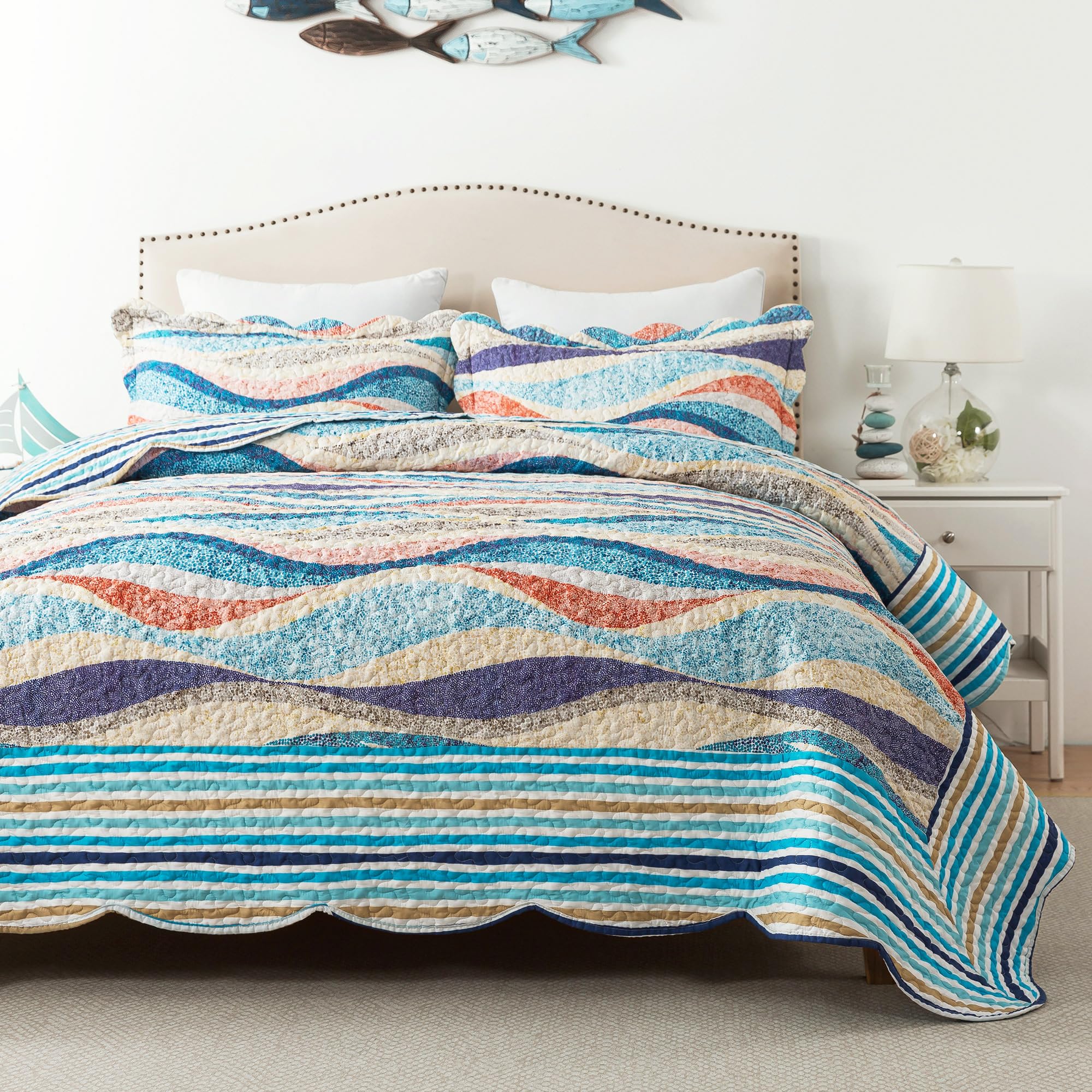 Photo 1 of HoneiLife Oversized King Bedspreads 120x120 - Beach Quilt 3 Pieces, Coastal Quilt Sets, California King Quilt, Nautical Bedspreads Ocean Coverlets, Lightweight Bed Cover, Summer Quilts