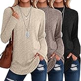 Velvelhall 3 Pack Women's Tunic Tops, Mock Turtleneck Raglan Long Sleeve Lightweight Sweaters Loose Curved Hem Ribbed Shirts