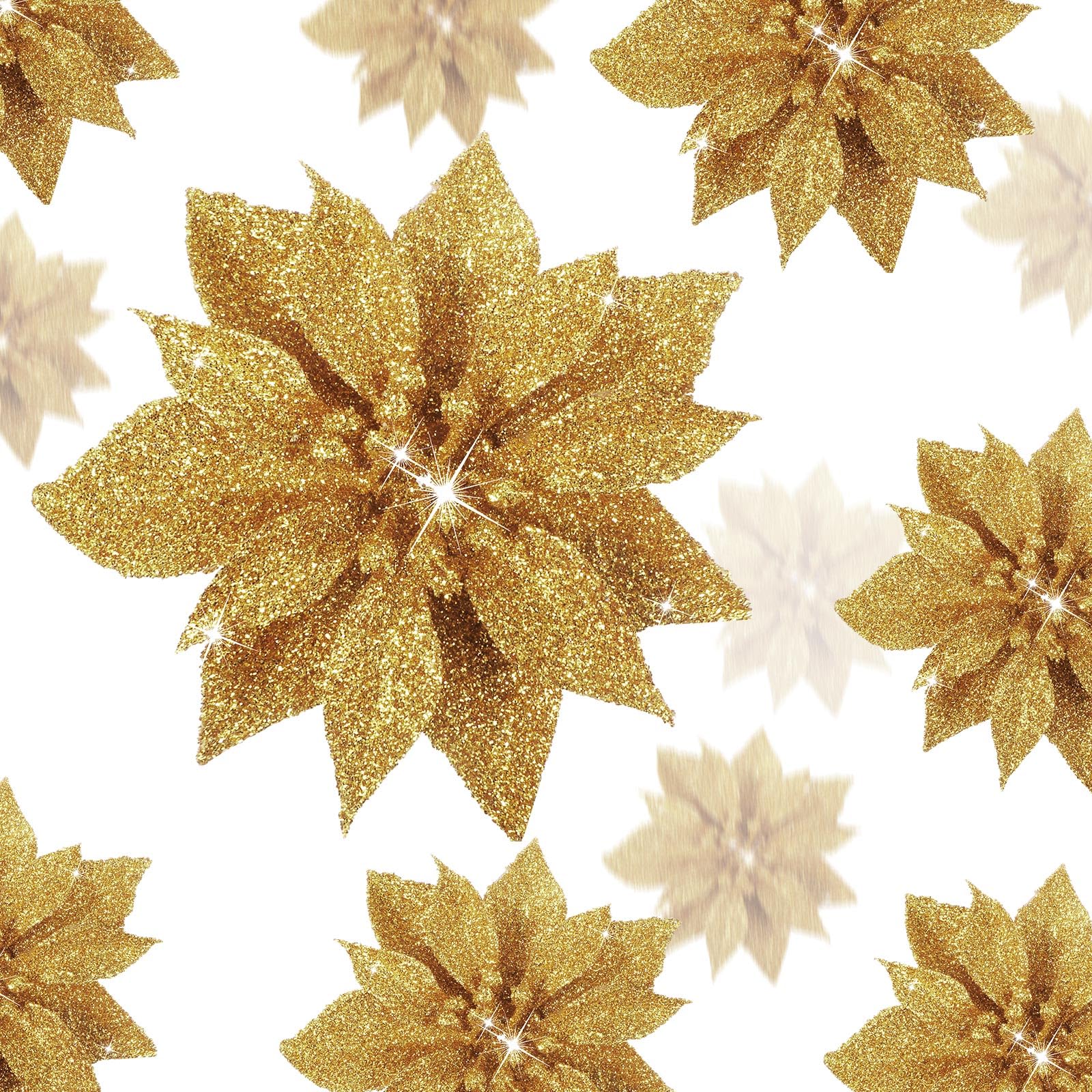 36 Pcs Christmas Glitter Poinsettia Flowers Magnolia Artificial Poinsettia Christmas Decorations Xmas Decorations Flowers with Clips Flower Ornaments for Christmas Tree Wreath, 3 Sizes (Gold)