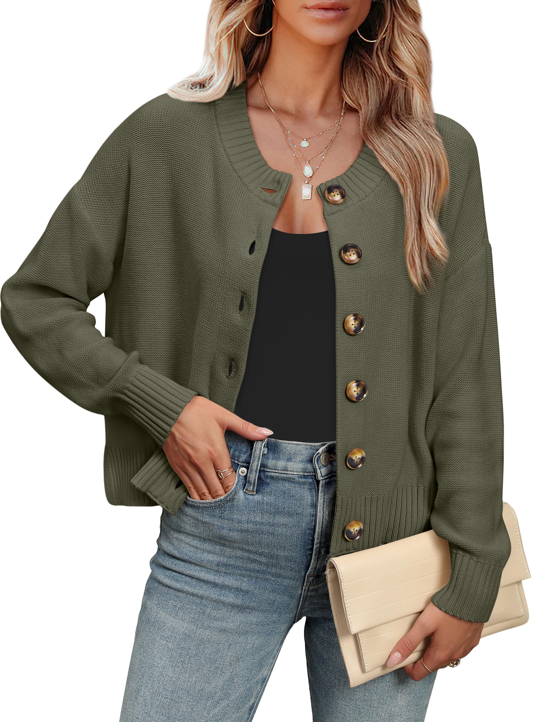 Photo 1 of **MISSING A BUTTON**ANRABESS Women Knit Cardigans Sweater Open Front Button Down Long Sleeve Cropped Lady Jacket Outwear 2025 Fall Outfits Army Green Small