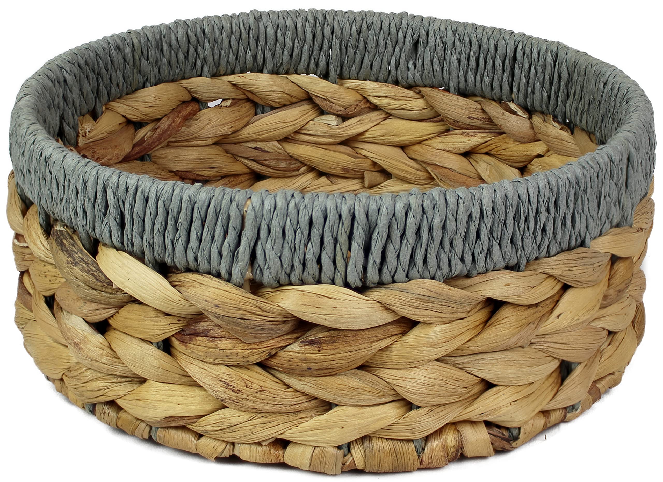 Small Water Hyacinth round baskets for storage Natural colour with grey edges shelves open. Decorative gift box Small bathroom mini tray makeup bathroom Kitchen organiser (Large 22cm, 1 X Basket)