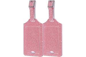 Gostwo 2 Pack Luggage Tags Leather Case Luggage Bag Tags Travel Tags(Glitter Pink)