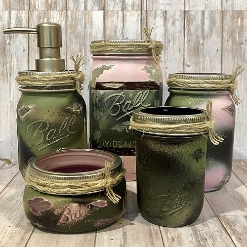Amazon Com Pink And Green Camouflage 5 Piece Mason Jar Bathroom Set With Camo Soap Dispenser Rustic Bath Accessories Handmade