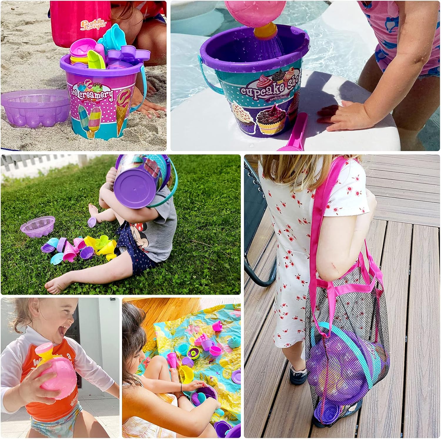 RCSPACEX 24 Pcs Beach Sand Toys, Sandbox Pool Bath Toys for Kids Toddlers with Large 9’’ Bucket, Ice Cream Cupcake Mold, Mesh Bag, Watering Can (Random Color): Toys & Games