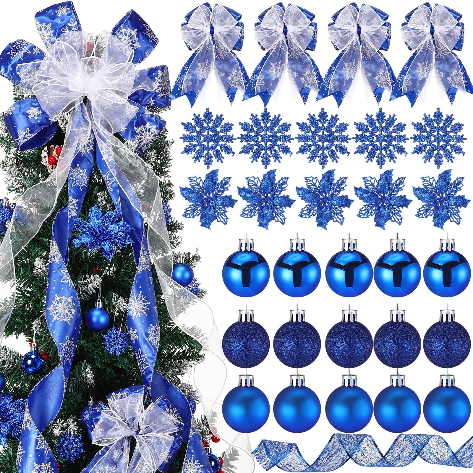 Photo 1 of Knitgrip 62 Pcs Christmas Tree Decoration Set with Large Christmas Tree Bow Topper Glitter Poinsettia Flowers Plastic Xmas Snowflake Ribbon Bow Ball and Ribbon for Wreaths Holiday Ornament(Blue)