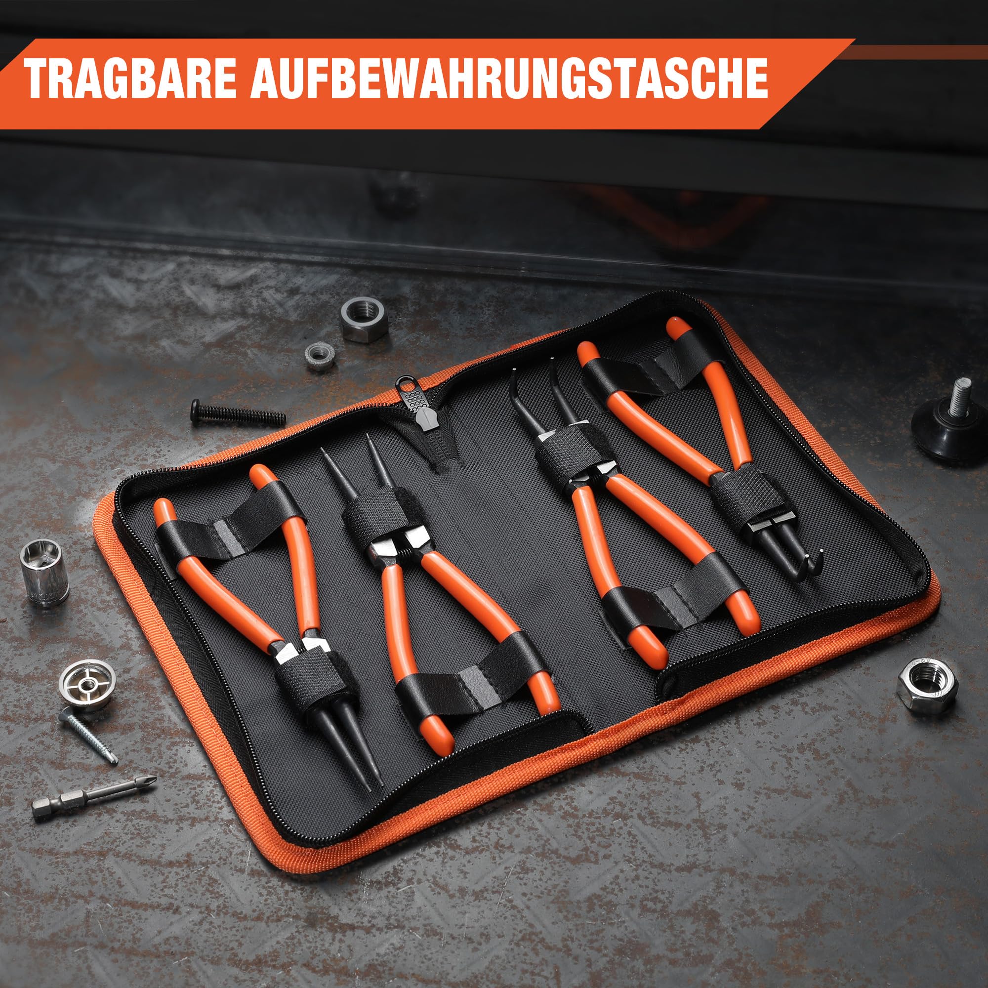 ValueMax Sprengringzangensatz 4tlg.,Sicherungsringzange Set 180mm mit Tasche, für Innen- und Außensicherungen, gerade, gebogen, Seegeringzangen 8
