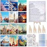 RoundFunny 12 Set Paint by Numbers Kit for Adults Cityscape Painting 8x10 | with Wooden Frame Easel Acrylic Paints Brushes Watercolor Oil, DIY Stress Relief Paint by Number for Beginner Home Wall Decor