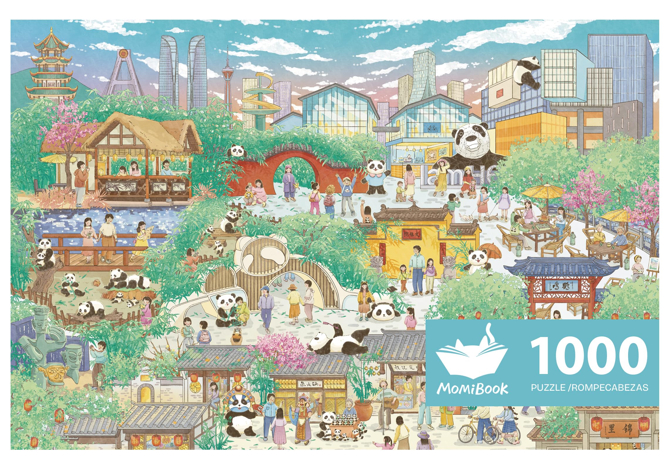Photo 1 of MOMIBOOK Puzzles for Adults 1000 Pieces Jigsaw Puzzles of Chengdu Panda Guide, Painting Image Chinese Difficult Challenging Hard Impossible Puzzle Unique Funny Party Christmas Birthday Gifts