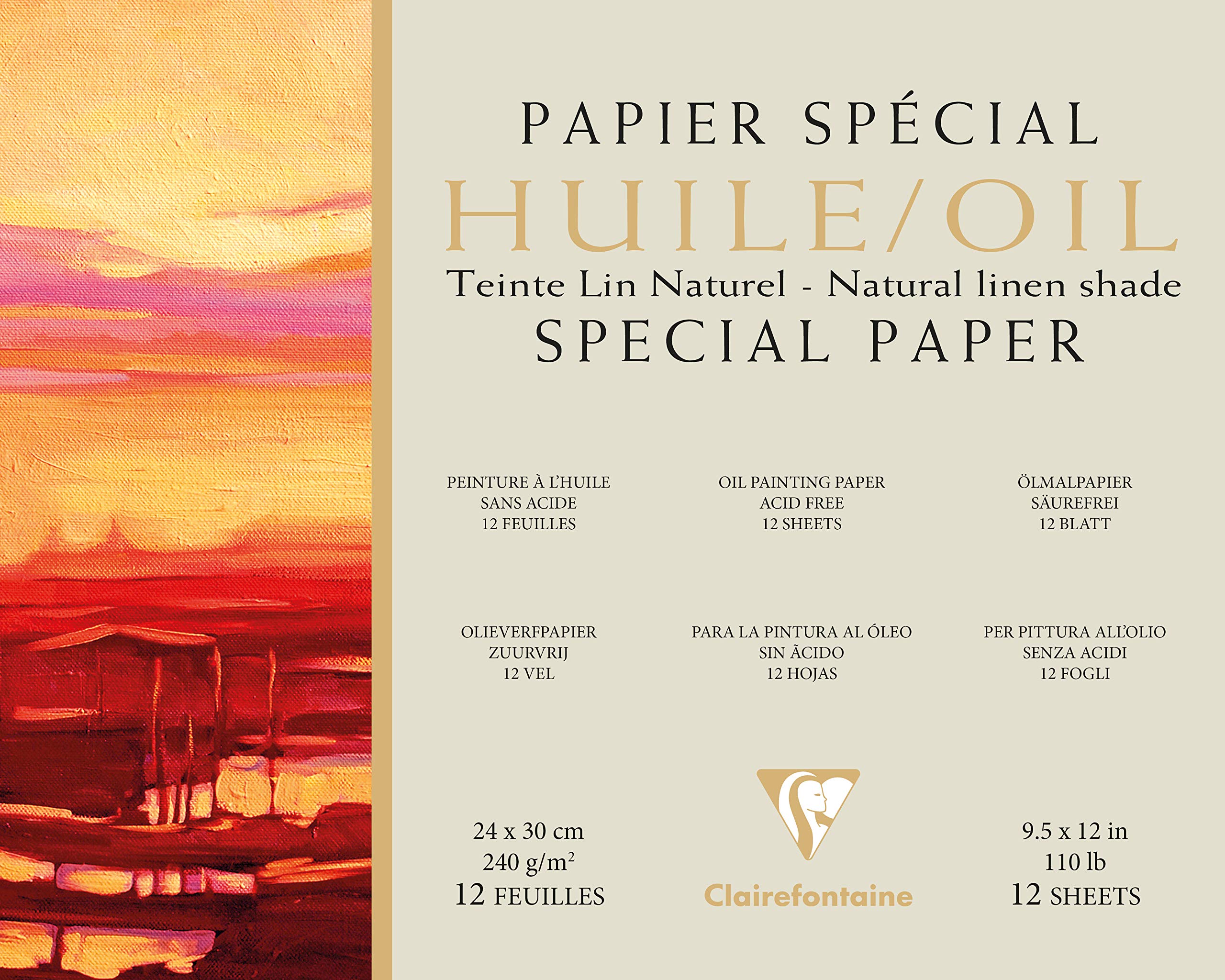 Clairefontaine - Ref 975823C - Oil Painting Glued Pad (12 Sheets) - 24 x 30cm Sized, 240gsm Natural Linen Shade Paper, Acid Free, pH Neutral - Suitable for Oil Painting, off white