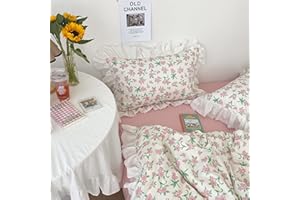 VM VOUGEMARKET Ruffle Pillowcases Pink Flower Bedding Pillow Shams (Pack of 2)-100% Cotton Standard Queen Pillow Covers with Envelope Closure End,20"×26"(Queen,Lace Pink)