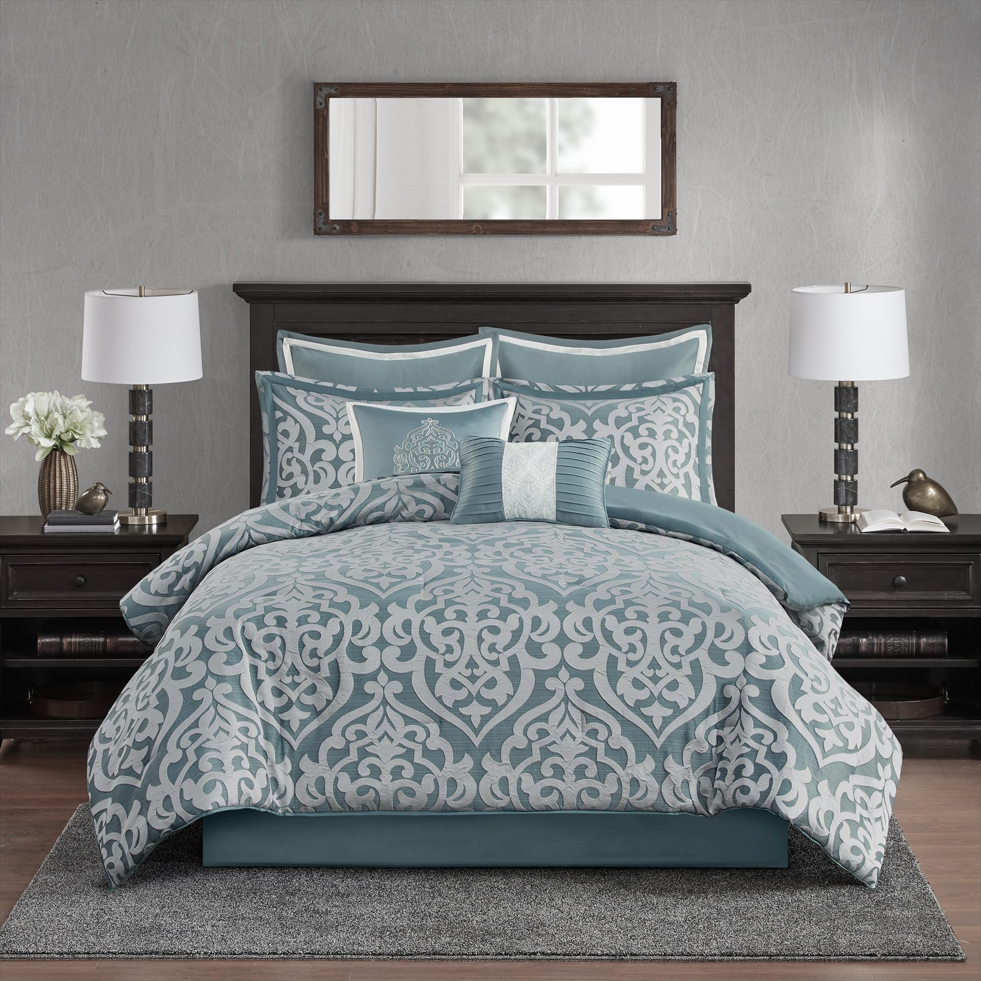Madison Park Odette Cozy Comforter Set Jacquard Damask Medallion Design - Modern All Season, Down Alternative Bedding, Shams, Decorative Pillows, Cal King(104 in x 92 in), Aqua Image