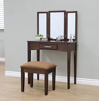 Image of home style vanity table mirror and stool set with storage drawer - espresso Image of home style vanity table mirror and stool set with storage drawer - espresso