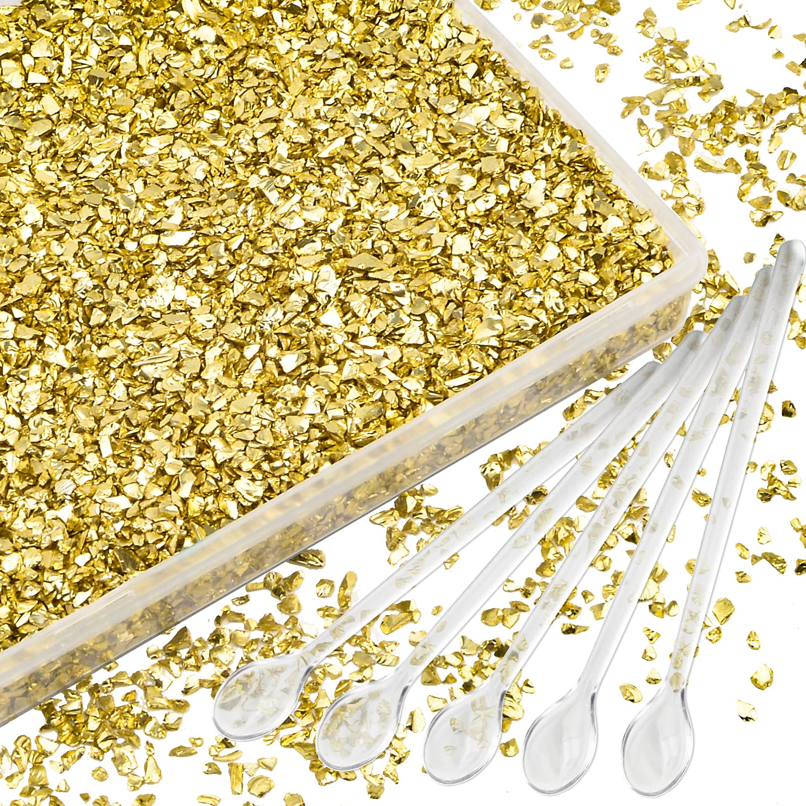 WANDIC Crushed Glass, 200 Grams 2-4mm Gold Crushed Broken Glass, Irregular Metallic Chips Fillers Sprinkles for Resin Crafts, Nail Art, Painting
