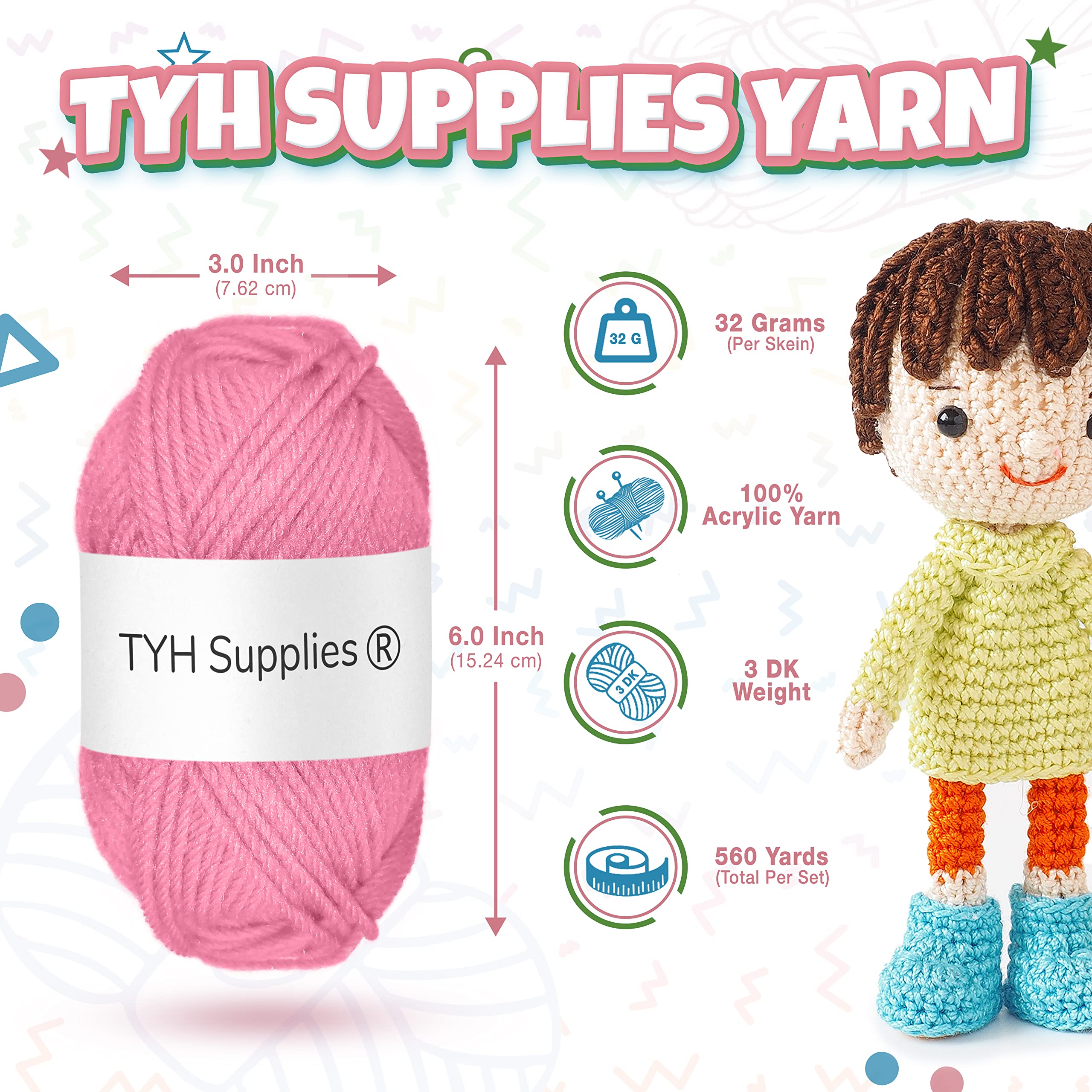 TYH Supplies 8 Acrylic Yarn Pack | 560 Yard Soft Yarn Medium Weight | Beginner Assorted Yarn Set | 8 Unique Colors 70 Yard Each Skein | Multipack for Amigurumi and Crafts