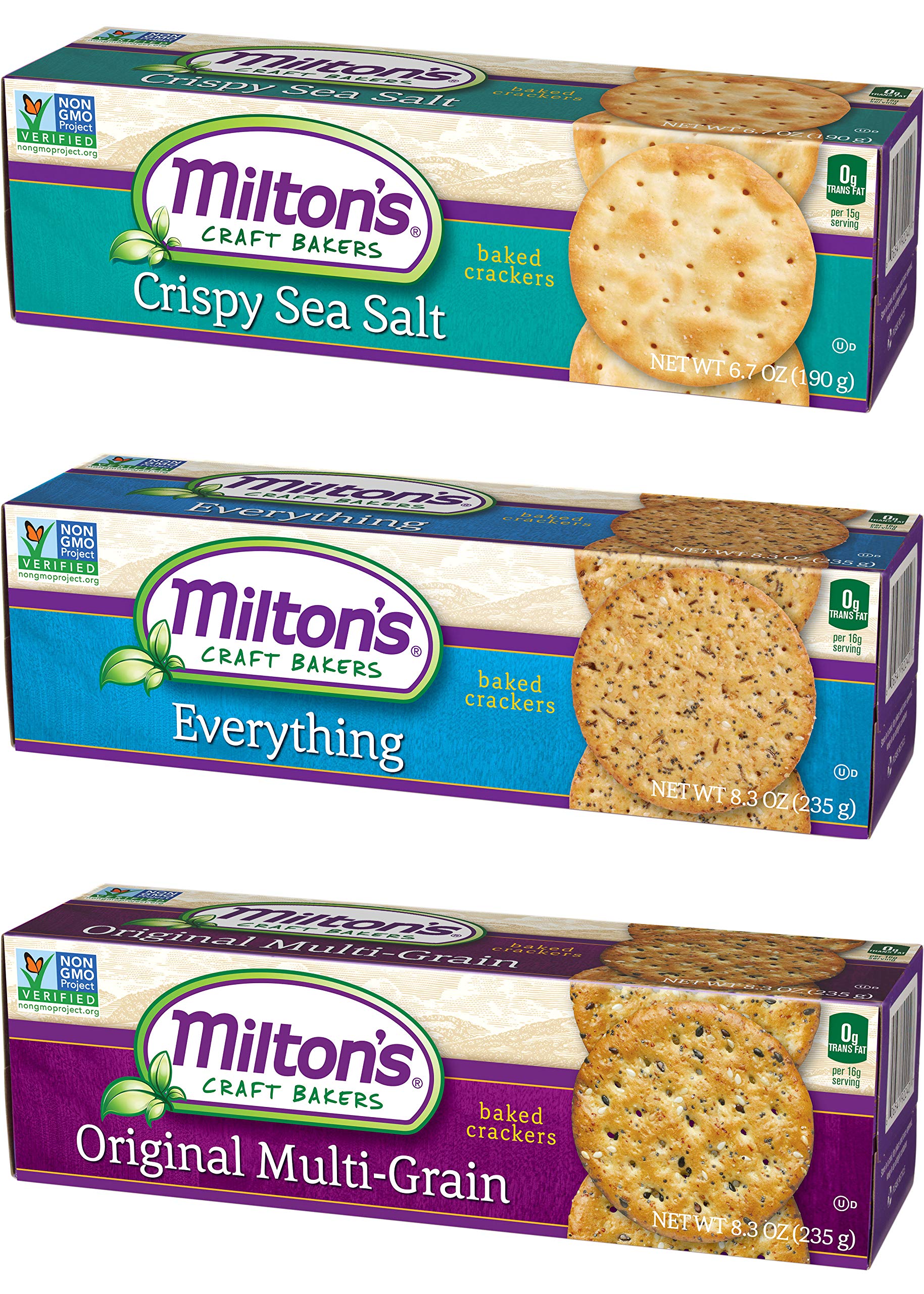 Milton's Gourmet Crackers. MultiGrain, Everything, and