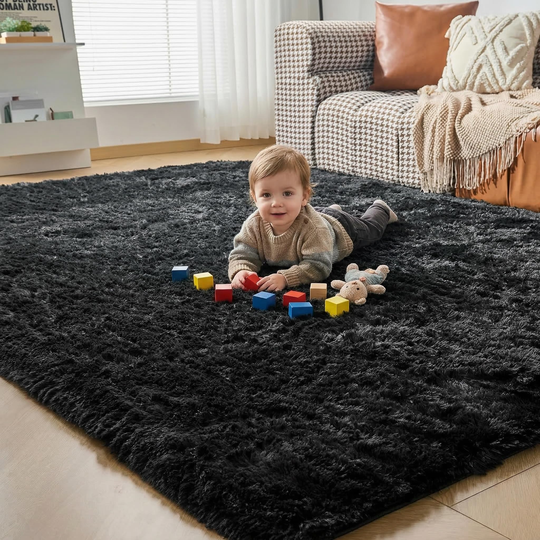 CHOSHOME Fluffy Shaggy Rugs Living Room - Non Slip Soft Plush Modern Floor Carpet - Non Shedding Thick Pile Area Rug for Bedroom, Nursery, Lounge, Kids Room - Black, 90x150 cm — image 1