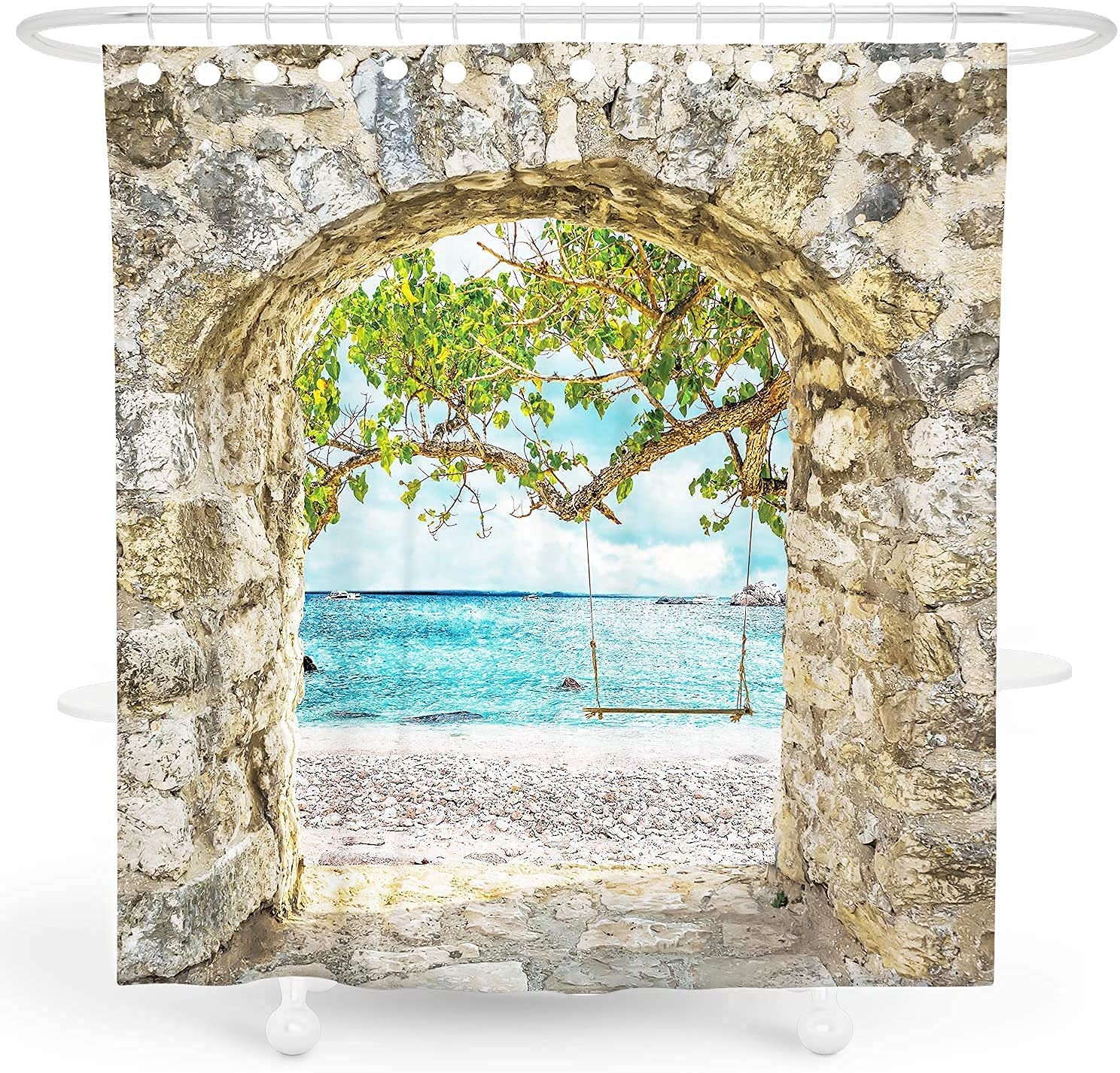 JIANGLANY Stone Wall Gate Lead to Beach 3D Image Shower Curtain for Garden, Seaside Blue Sea Sky White Clouds 3D Shower Curtain Tropical Summer Bathroom Decor Fabric with Hook 80X 80 inches Blue White