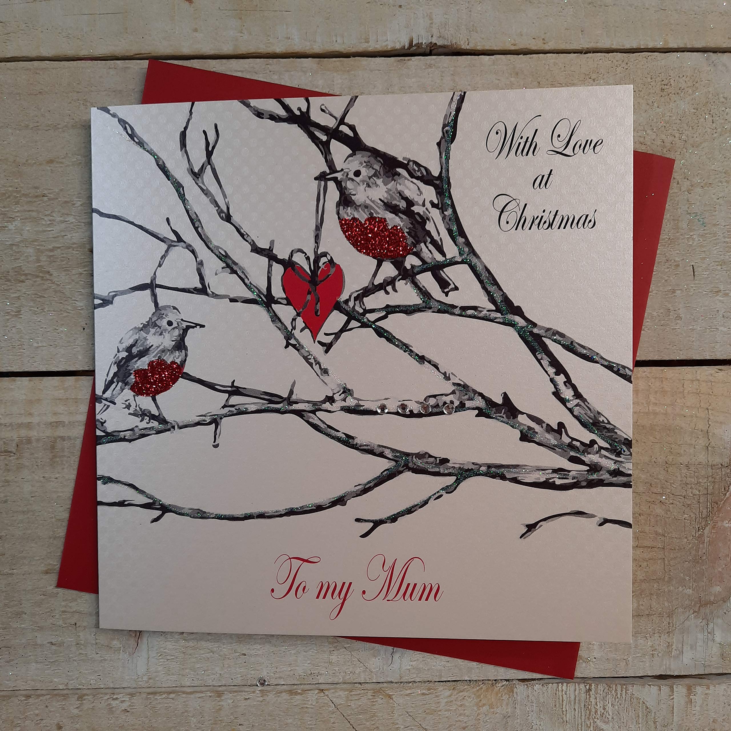 white cotton cards With Love Mum, Handmade Christmas Card (Robin)