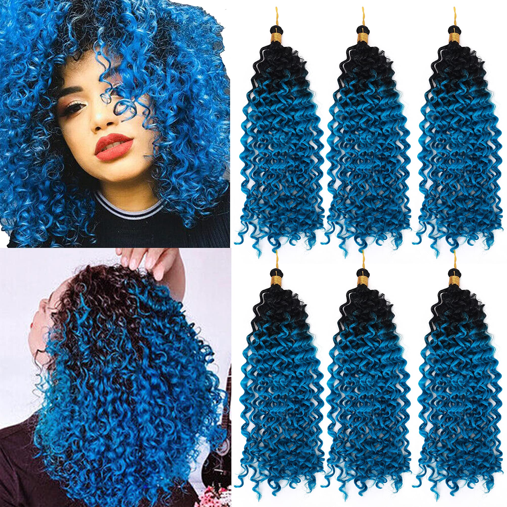 Marlybob Crochet Braids Hair Extension 14 Inch Deep Water Wave Braiding Hair Kinky Curly Afro Jerry Curl Marley Bob Twist Braid Hairpiece Synthetic Hair Extension 1 Bundle Black to Lake Blue