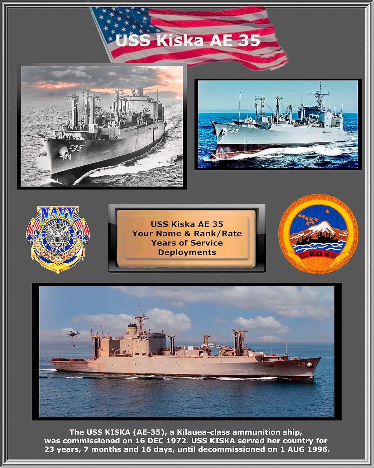Photographs - USS Kiska AE 35, Custom Personalized Photo, USN Ammunition Ship, US Navy Ships. Navy Vets.