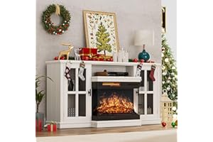 YESHOMY Glass Fireplace TV Stand for TVs up to 65 Inch, Media Entertainment Center with Storage, White Wash