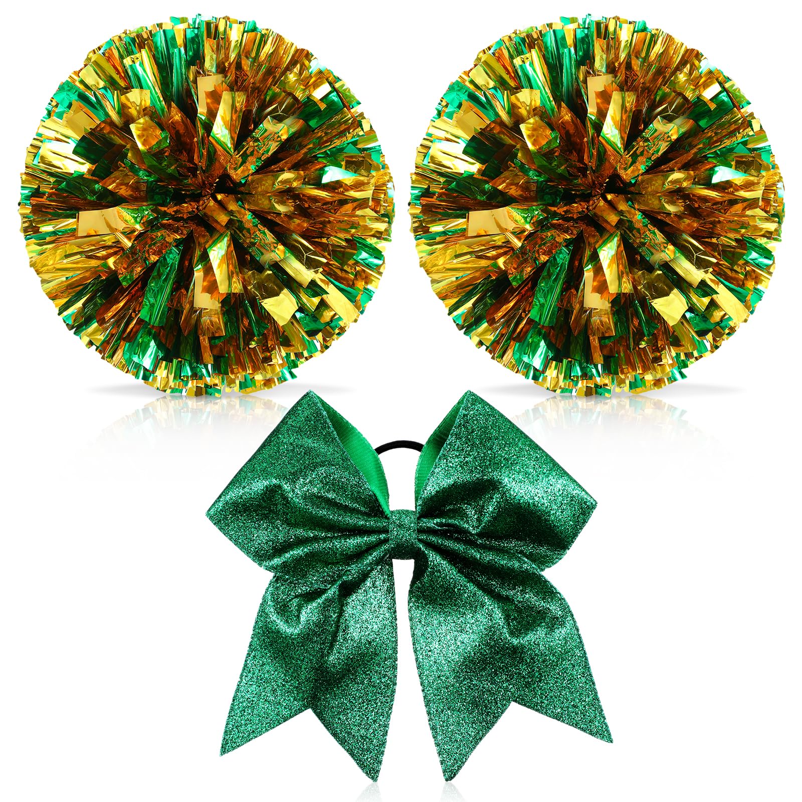 Photo 1 of Hanaive 3 Pcs Cheerleading Pom Poms and Large Cheerleader Hair Bow Metallic Cheer Supplies for Team Spirit Sports Dance Cheering(Green Gold,Glitter)