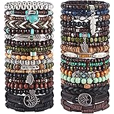Jewdreamer 38Pcs Punk Wooden Beads Bracelets Gothic Bracelet for Men Adjustable Vintage Beaded Bracelet Metal Set Wood Bangles Wristbands Commemorative Jewelry Gift