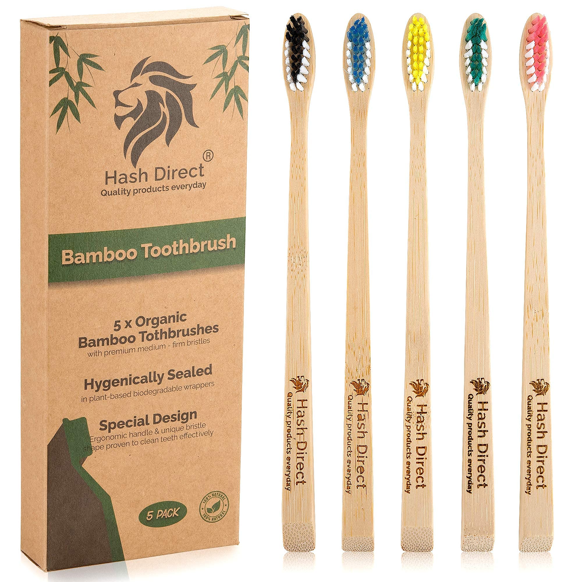 Hash Direct Bamboo Toothbrushes, Biodegradable, Natural, Organic, Wooden, Vegan, Manual Tooth Brush Set with Soft-Medium Bristals Eco-Friendly Packaging