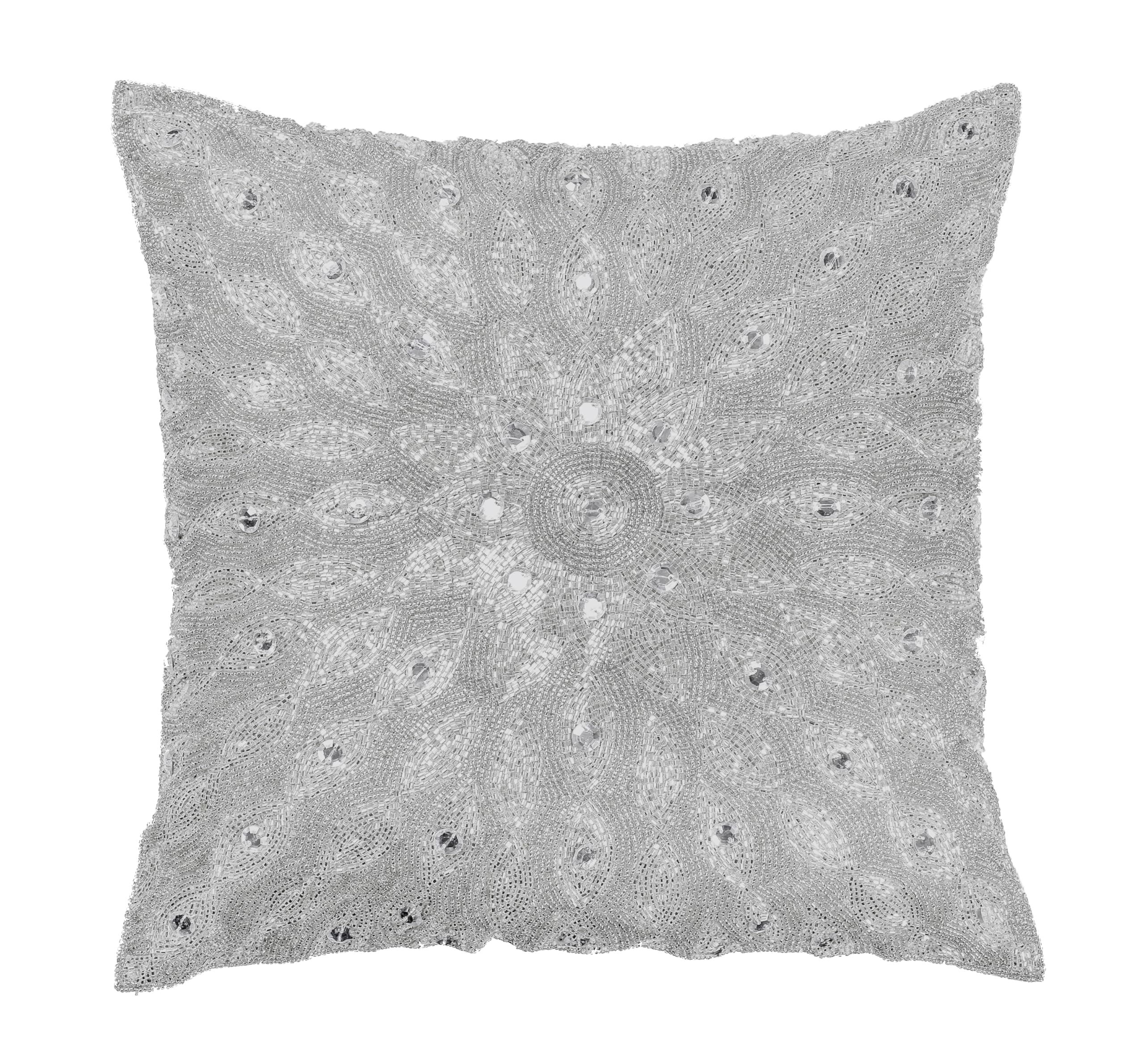 Hand Beaded Decorative Pillow Cover, Cushion Cover, Handmade by Skilled Artisans, A Beautiful and Elegant Accessory to Dress up Your Couch, Sofa and Bed - Only Cover -16x16 Inch (40x40 Cms)- Silver