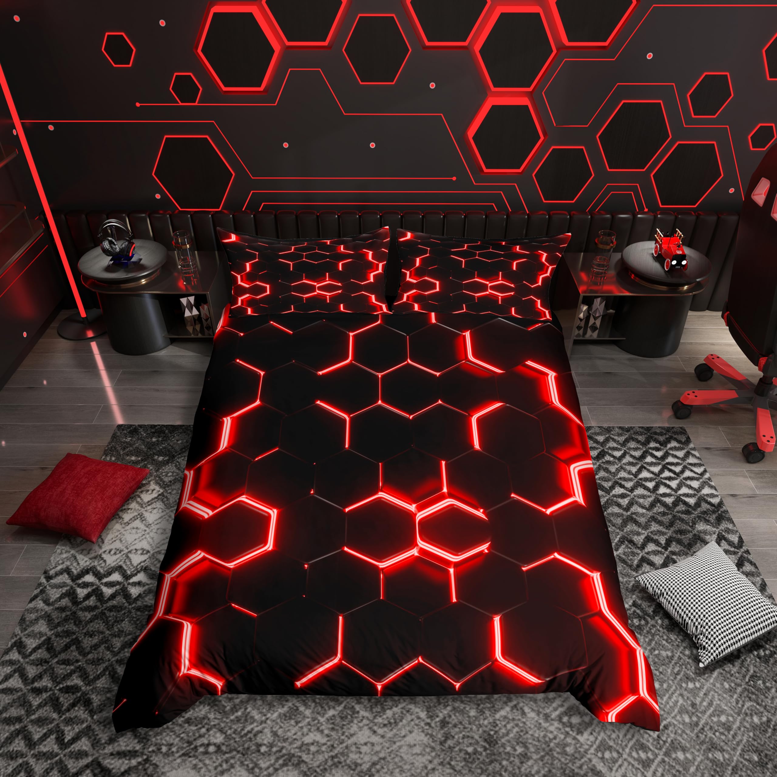 Loussiesd Red and Black Print Duvet Cover Super King Size Boys Hexagonal Bedding Set Kids Teens Neon Glitter Honeycomb Decor Comforter Cover Beehive Simplistic Geometric Bed Set 3Pcs — image 1