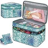 FINPAC Double-Layer Sewing Accessories Storage and Organizer Case Bag | Sewing Kits Carrying Bag with Wrist Pin Cushion for Threads, Needles, Embroidery Floss, Felting Kits, Emerald Illusions