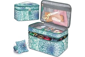 FINPAC Sewing Accessories Storage and Organizer Case, Double-Layer Sewing Kits Carrying Bag with Wrist Pin Cushion for Threads, Needles, Embroidery Floss Supplies, Felting Kits (Emerald Illusions)