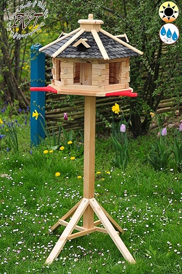 PREMIUM Vogelhaus mit Landebahn/Anflugbrett, Massivholz,wetterfest, mit Ständer/mit Standfuß Silo Vogelhäuschen, aus Holz sch