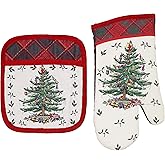 Spode - 2pc Kitchen Set, Oven Mitt & Pot Holder, Holiday Home Decor (Spode Christmas Tree Tartan Collection)