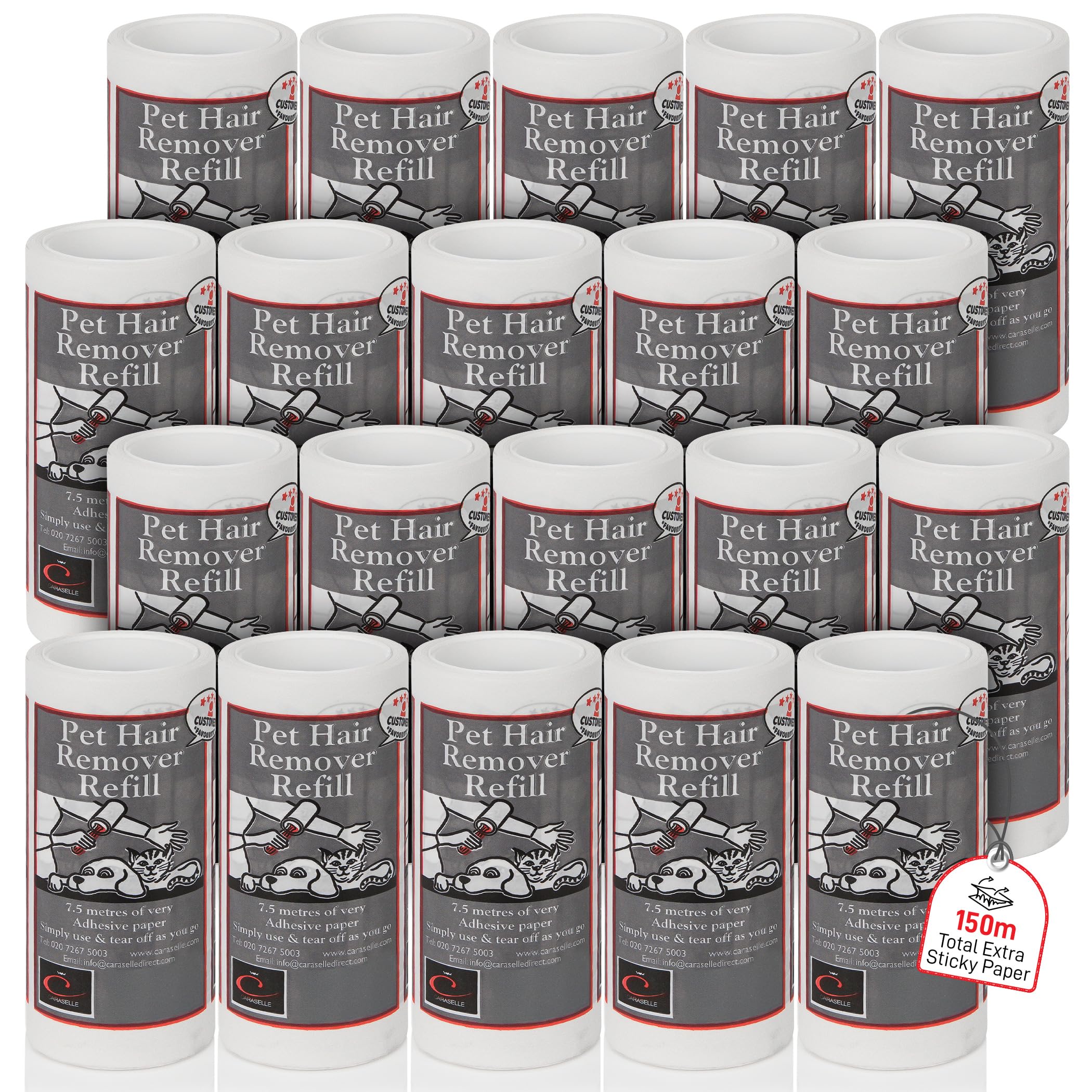 CARASELLE Pet Hair Remover Refill - 150m total (≈1500 Sheets Equivalent) Super Adhesive Picks up Lint, Hair & Debris! Multi-Purpose Dog Cat Hair Lint Roller also for Cleaning Clothes & Washing Machine