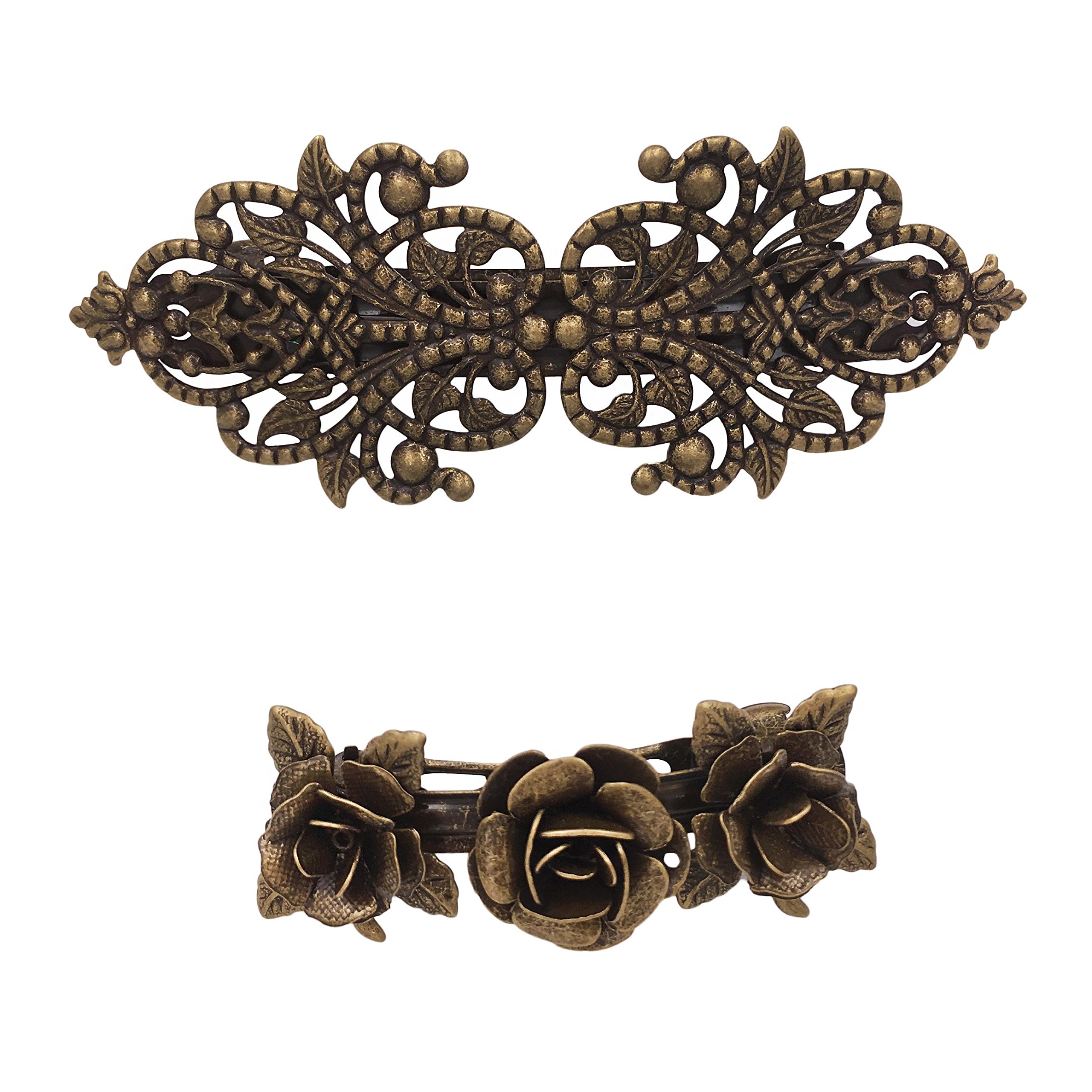 2PCS Retro Vintage Metal French Barrette Clip Hair Clasp Roses Bronze